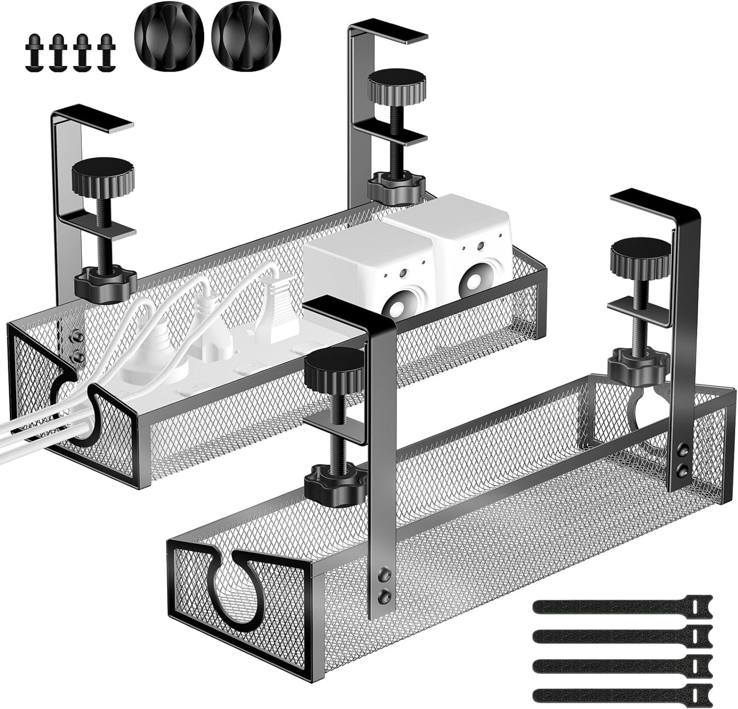 Under Desk Cable Tray - Black, No Drill Cable Organizer with Clamp for Wire Management, PC Cord Organizer & Workspace Accessories (2 Pack)