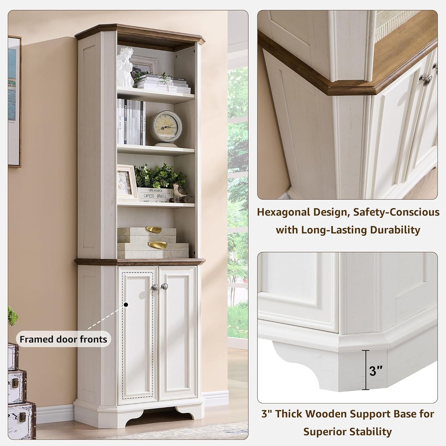 T4TREAM 6-Tier Bookshelf with Storage, 72" Tall Farmhouse Bookcase with Doors and Adjustable Shelves, Wooden Floor Standing Display Book Shelf Organizer for Home Office, Antique White