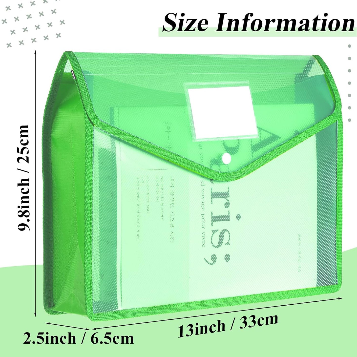 Epakh 10 Pieces Plastic File Folders Envelope Expanding File Wallet Organizer Documents Folder with Snap Closure and Pocket, A4 Size Waterproof Transparent Pouch (Green,Horizontal)