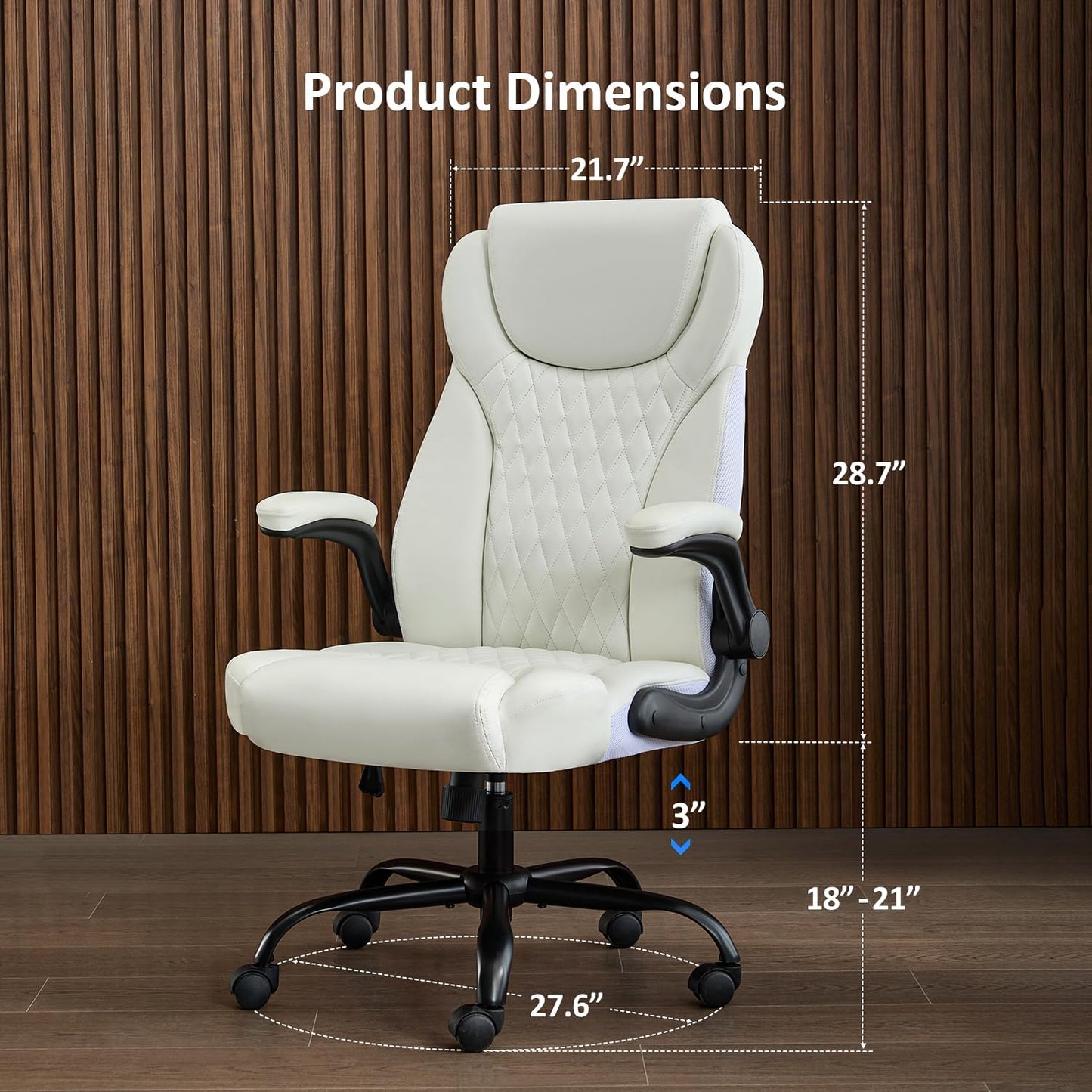 Office Chair, Executive Leather Chair Home Office Desk Chairs, Ergonomic Computer Desk Chair with Adjustable Flip-Up Arms, Lumbar Support Swivel Task Chair with Rocking Function (White)