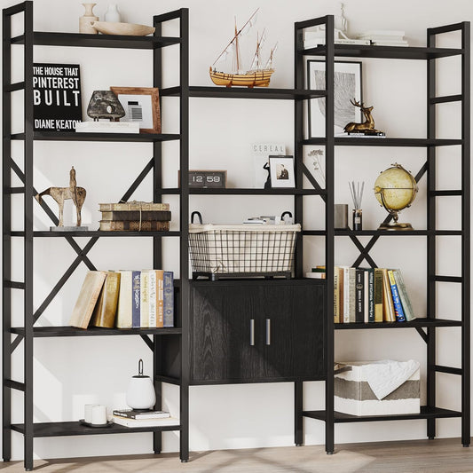70 x70 Triple 5 Tier Book Shelf, Industrial Large Bookcase with Storage Cabinet, Tall Bookshelf with 14 Open Display Shelves Metal Frame Furniture for Living Room Bedroom Home Office Black