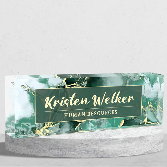 Desk Name Plate Personalized, Premium Green Phnom Penh Marble Acrylic Desk Name Plate, Personalized Name Plate for Desk, Office Decor for Women or Men Coworkers, Boss, Employee, Teacher