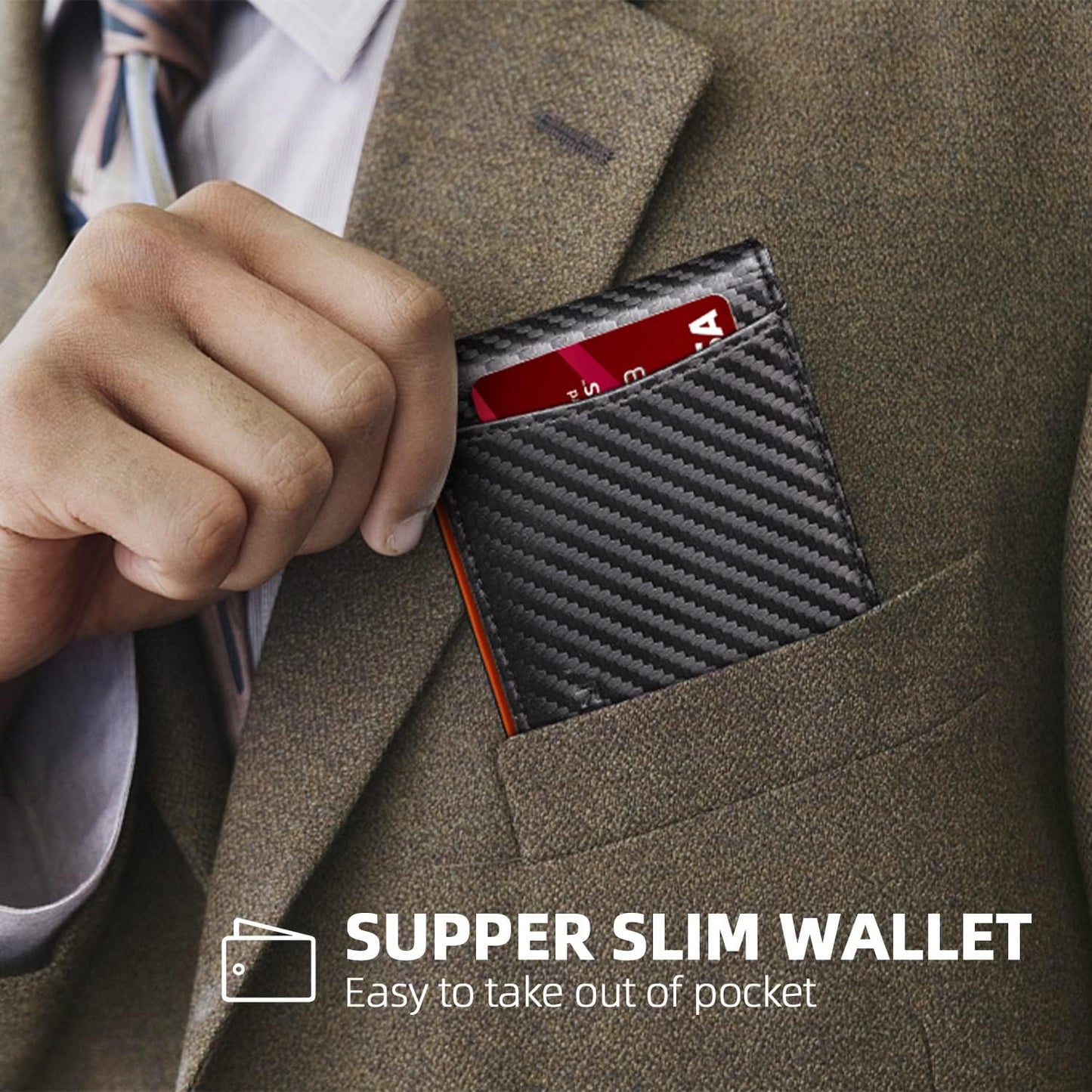 RUNBOX Slim Wallets for Men with RFID Blocking & Minimalist Mens Front Pocket Wallet Leather Black&inner Orange