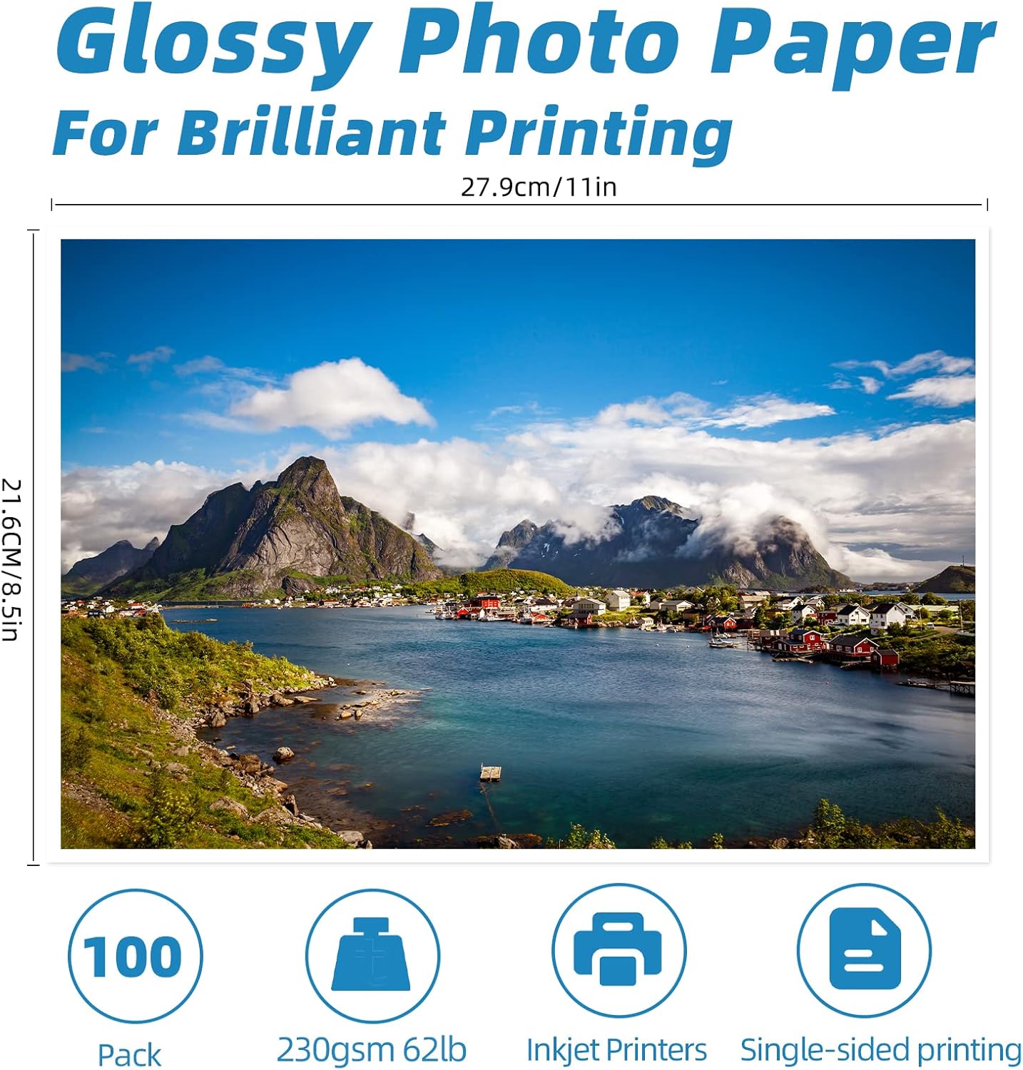 Uinkit 100 Sheets Thick Inkjet Glossy Photo Paper Picture 8.5x11 62lb 230g 11.1mil Cardstock Postcard Brochure For Dye Ink Inkjet Printer