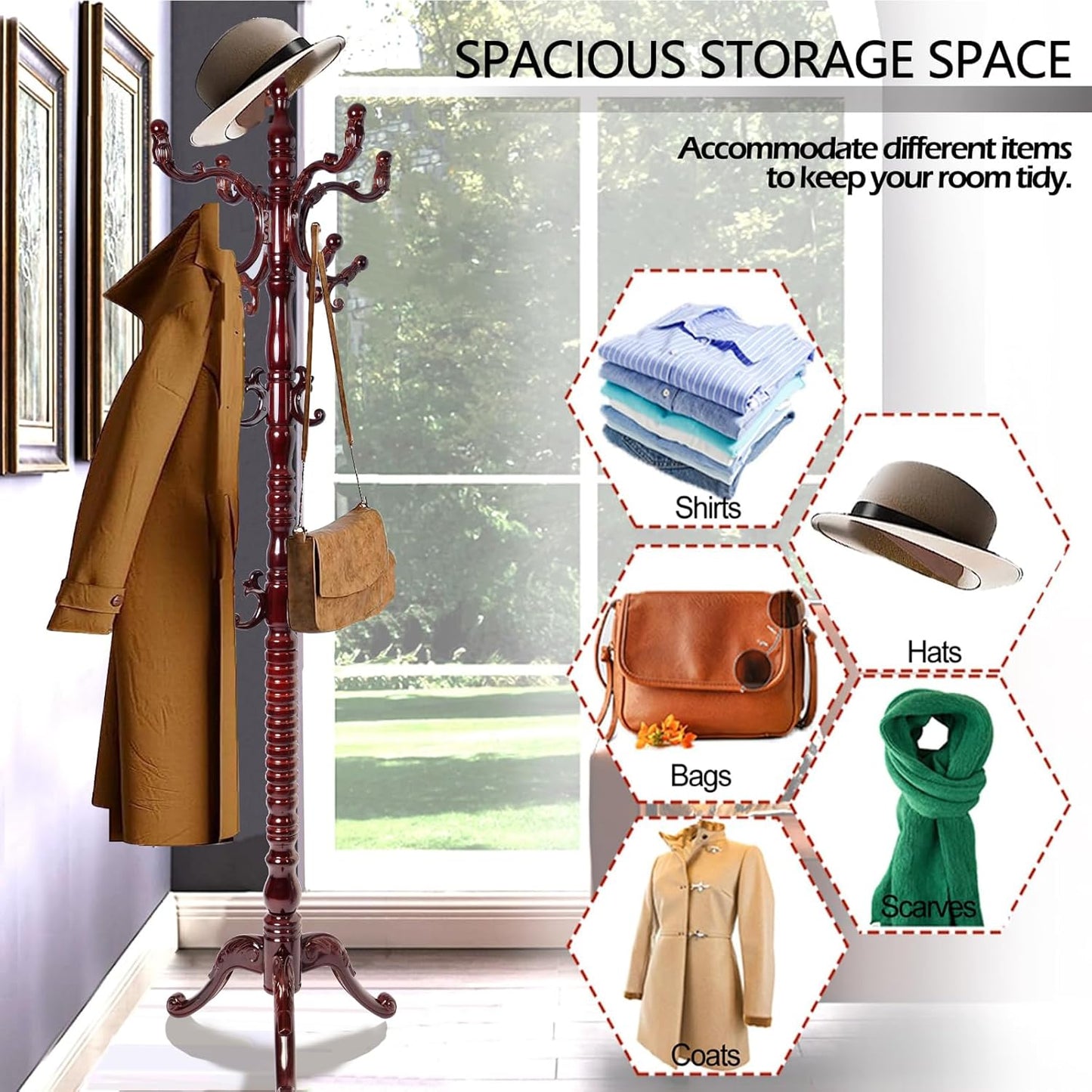 Coat Racks Free Standing with 14 Hooks, Natural Wood Coat Stands for Entryway, Adjustable Height 73 in Tree Coat Rack Stand for Hallway Home Office Bedroom (Mahogany triangle)