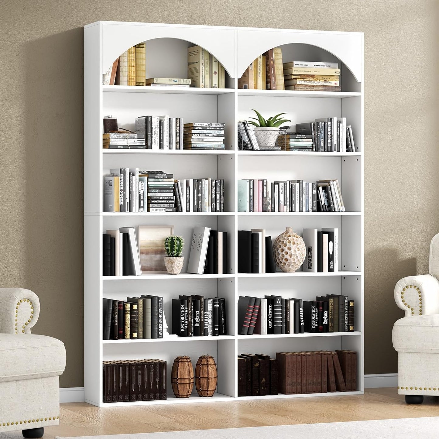 70.8’’ Tall Bookshelf and Bookcase of 2 pcs, 7-Tier Double Wide Bookcase Modern Large Open Display Shelves with Curved Baffle for Home Office Living Room (White-2pcs)