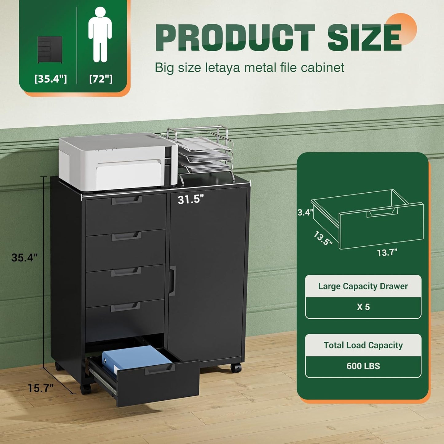 Letaya 5 Drawer Storage Cabinet, Mobile Printer Stand for Home Office,Dresser Chest with Shelves and Door(Black)