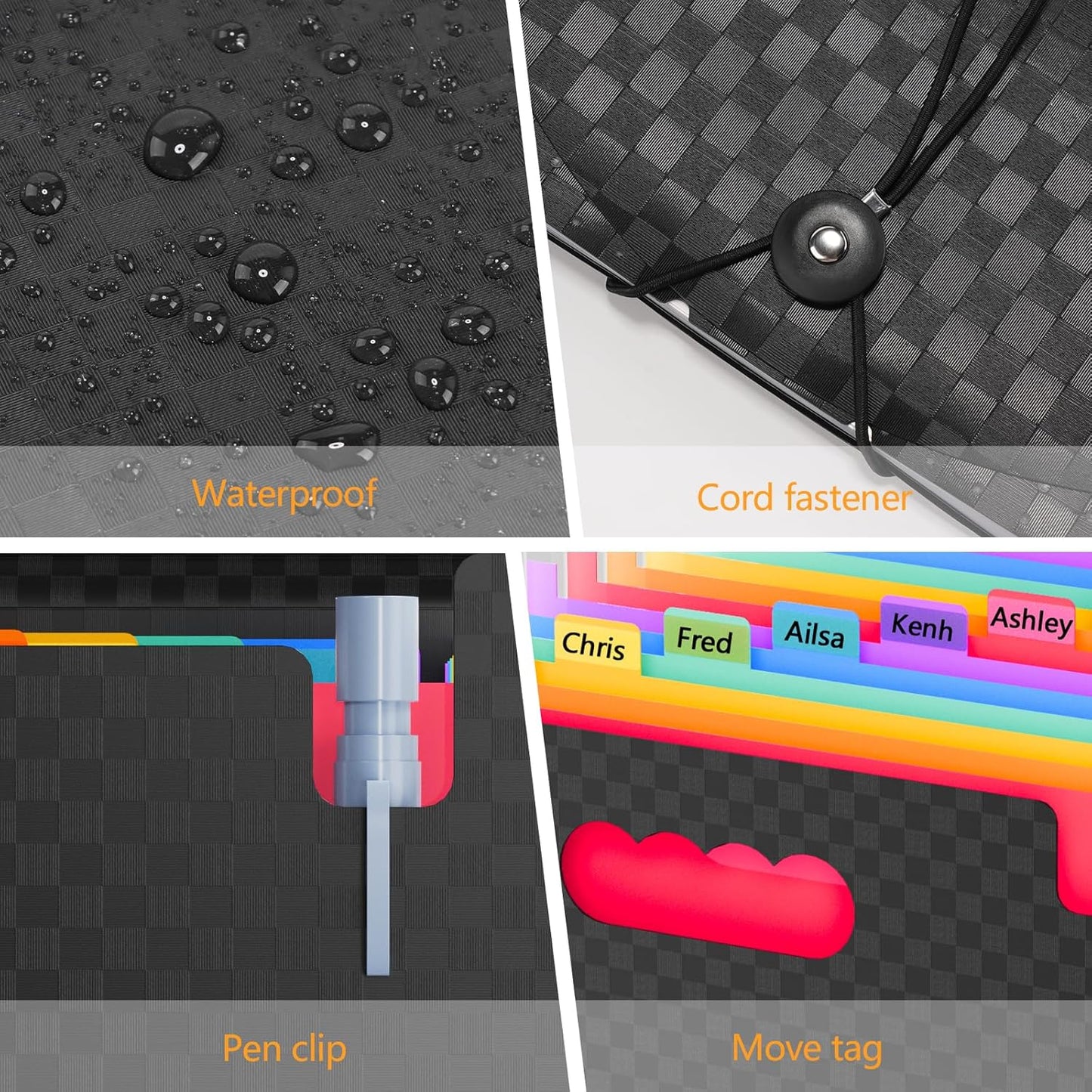 4 Pack Waterproof Accordion File Organizer, 13 Pockets Expanding File Folder with Colored Blank Tabs, Suitable for Students and Office Workers to Manage and Store Documents（Black）