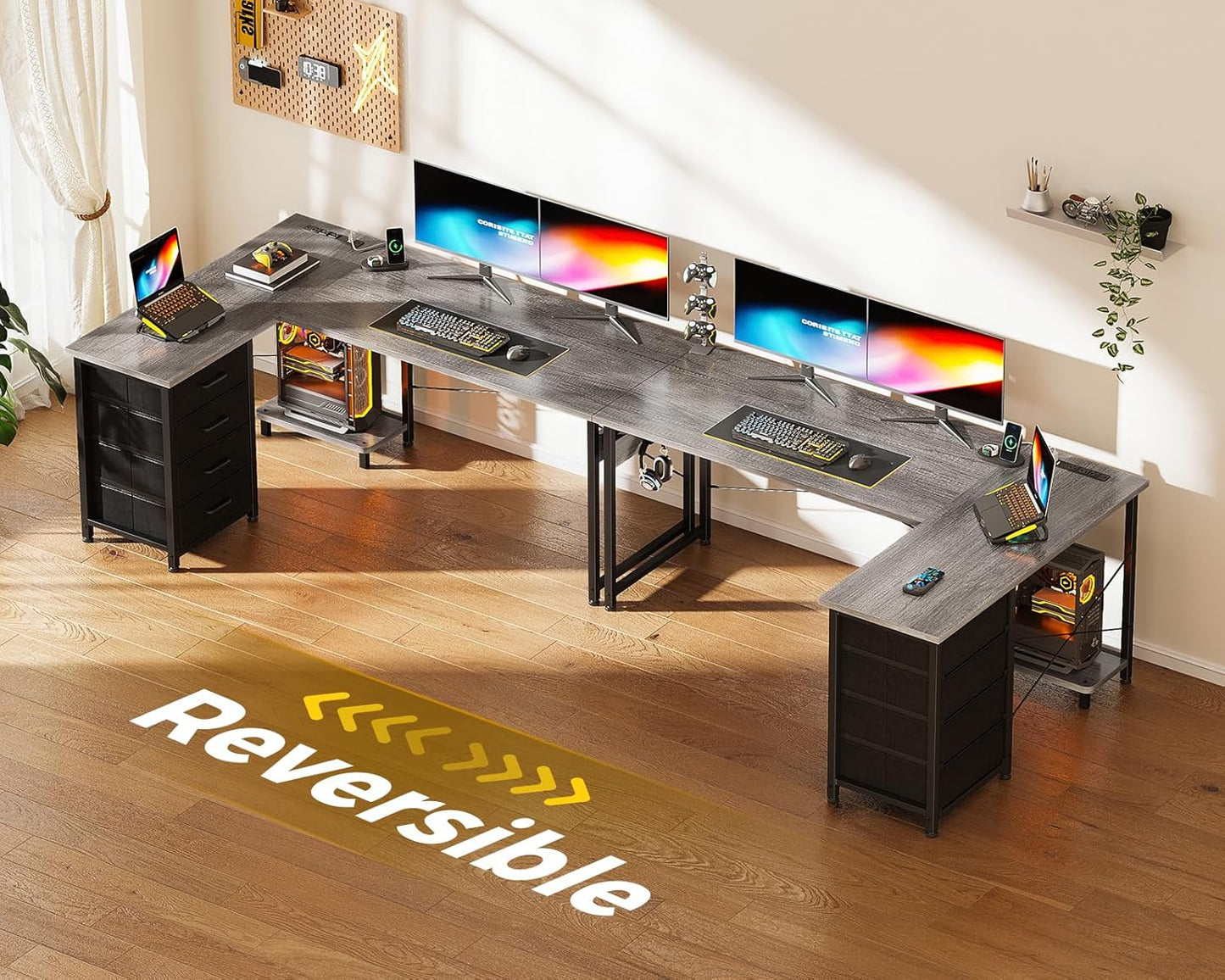 Casaottima L Shaped Desk with 4 Tier Drawers, 53" Gaming Desk with Power Outlets & USB, Reversible L-shaped Computer Desk with CPU Stand, Home Office Corner Table with Storage, Easy Assemble, Grey Oak