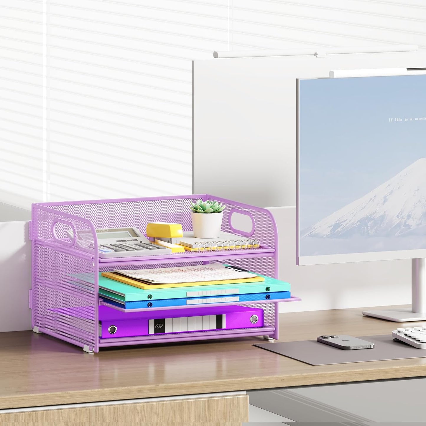3 Tier Paper Organizer with Handle, Metal Desk Organizer Mesh Paper Letter Tray Desktop File Folder Document Sorter for Classroom, School, Office Accessories Organization and Storage - Purple
