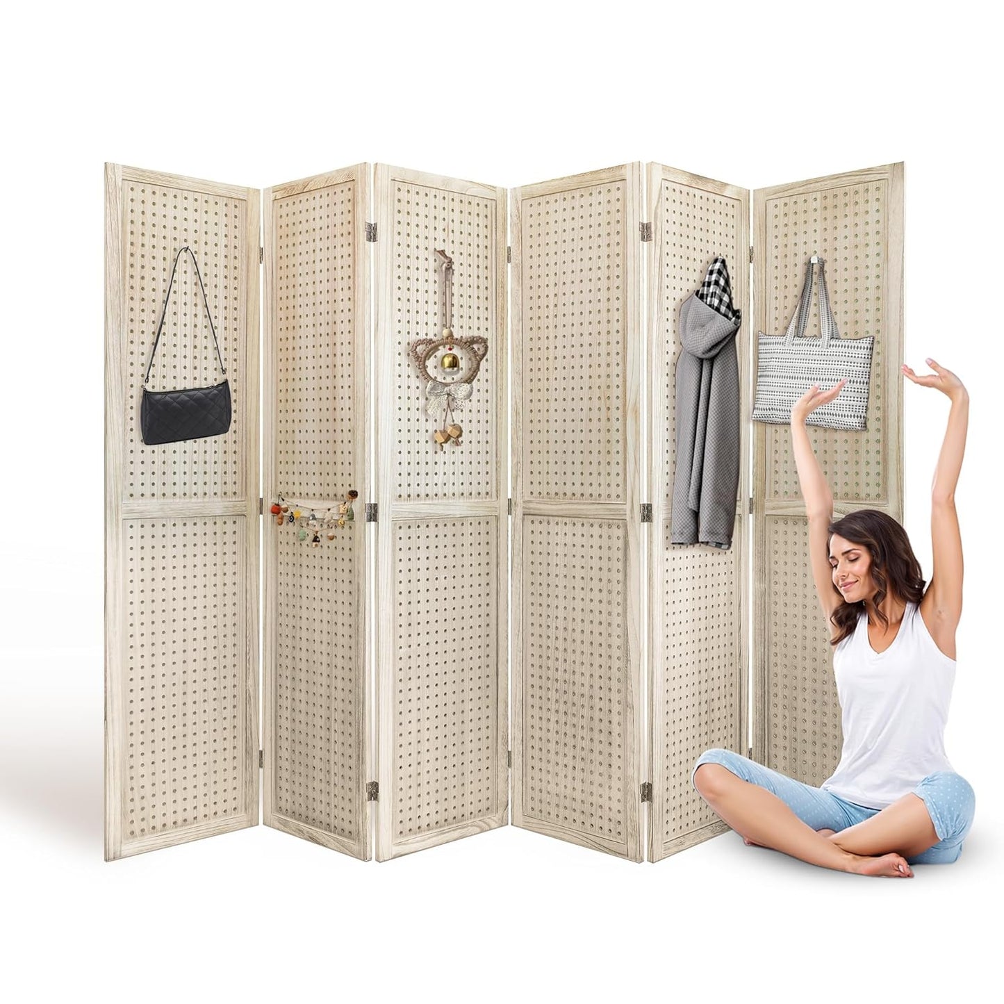 6 Panel Room Divider, 5.6FT Folding Room Divider Screen, Free Assembled Freestanding Partition for Home Office Bedroom, Tan