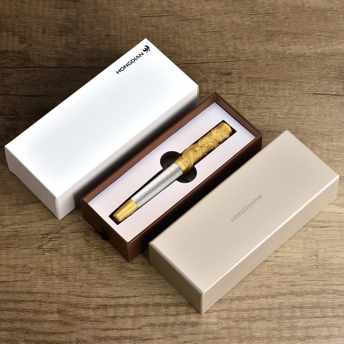 Hongdian A24 Fountain Pen Fine Nib, Snow White & Golden Dragon Stereoscopic Carving Cap Design