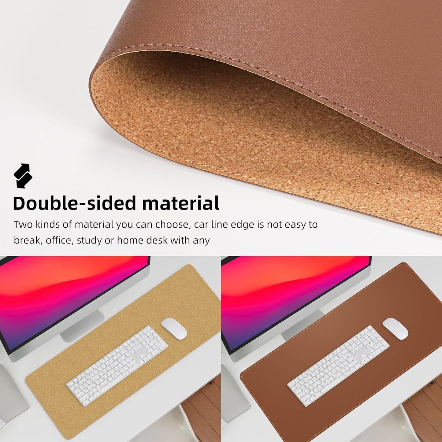 Leather Desk pad Protector, Large Desk mat with Natural Cork & PU Leather,Mouse pad,Non-Slip Office Desk Mat,Waterproof Desk Writing Pad for Office and Home (47in*17in, Brown)