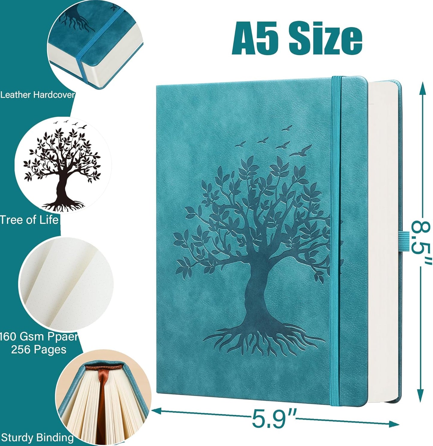ZXHQ A5 Bullet Dotted Journal Notebook - 150gsm Thick Paper, 256 Pages, Dot Grid Hardcover, Tree of Life Design, Fine Inner Pocket - 5.9" × 8.5" SeaGreen