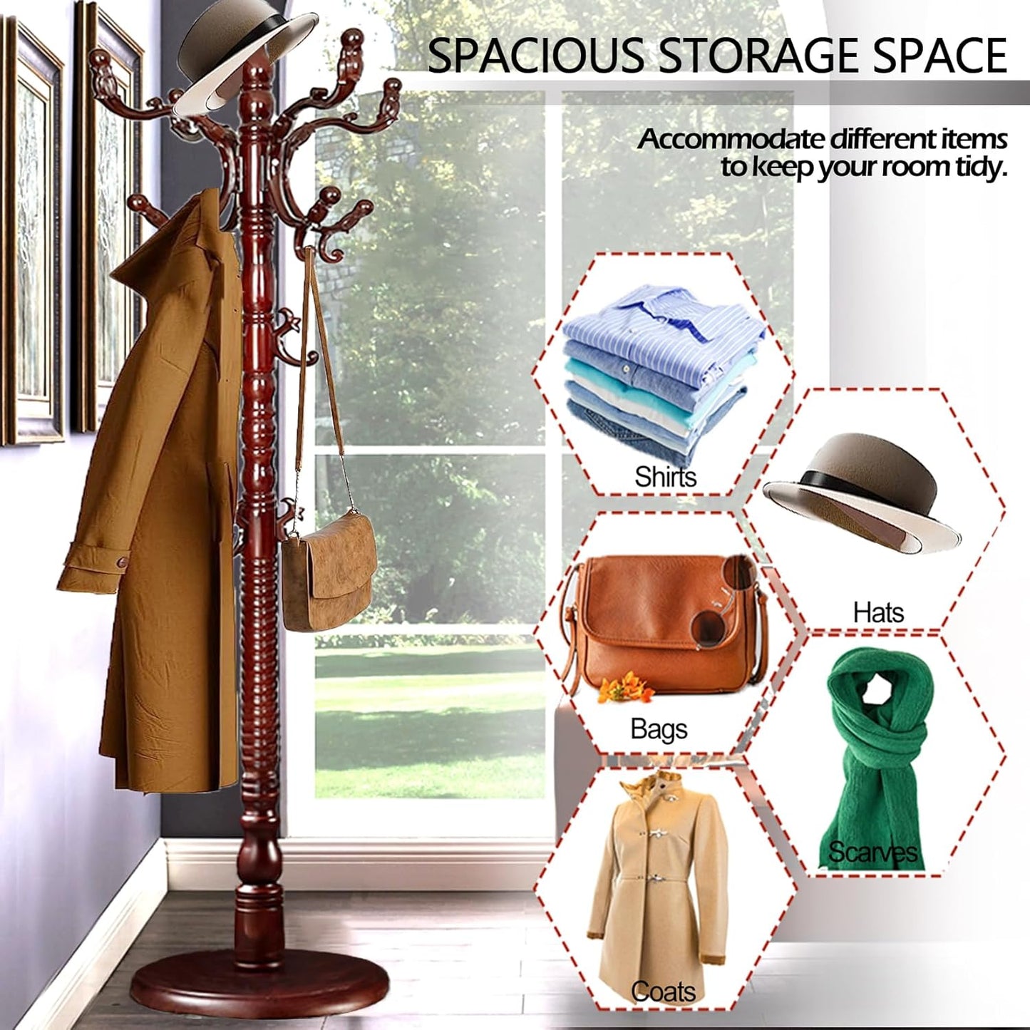 Coat Racks Free Standing with 14 Hooks, Natural Wood Coat Stands for Entryway, Adjustable Height 73 in Tree Coat Rack Stand for Hallway Home Office Bedroom (Mahogany)