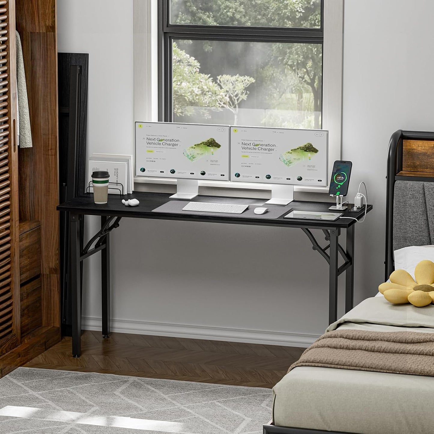 TEMI Long Computer Desk Folding Table - No Assembly, Compact 55.1" Foldable Desk with Power Outlets & USB Charging Port, Portable Lagre Office Desk, Study Table for Narrow Spaces, Dark Oak