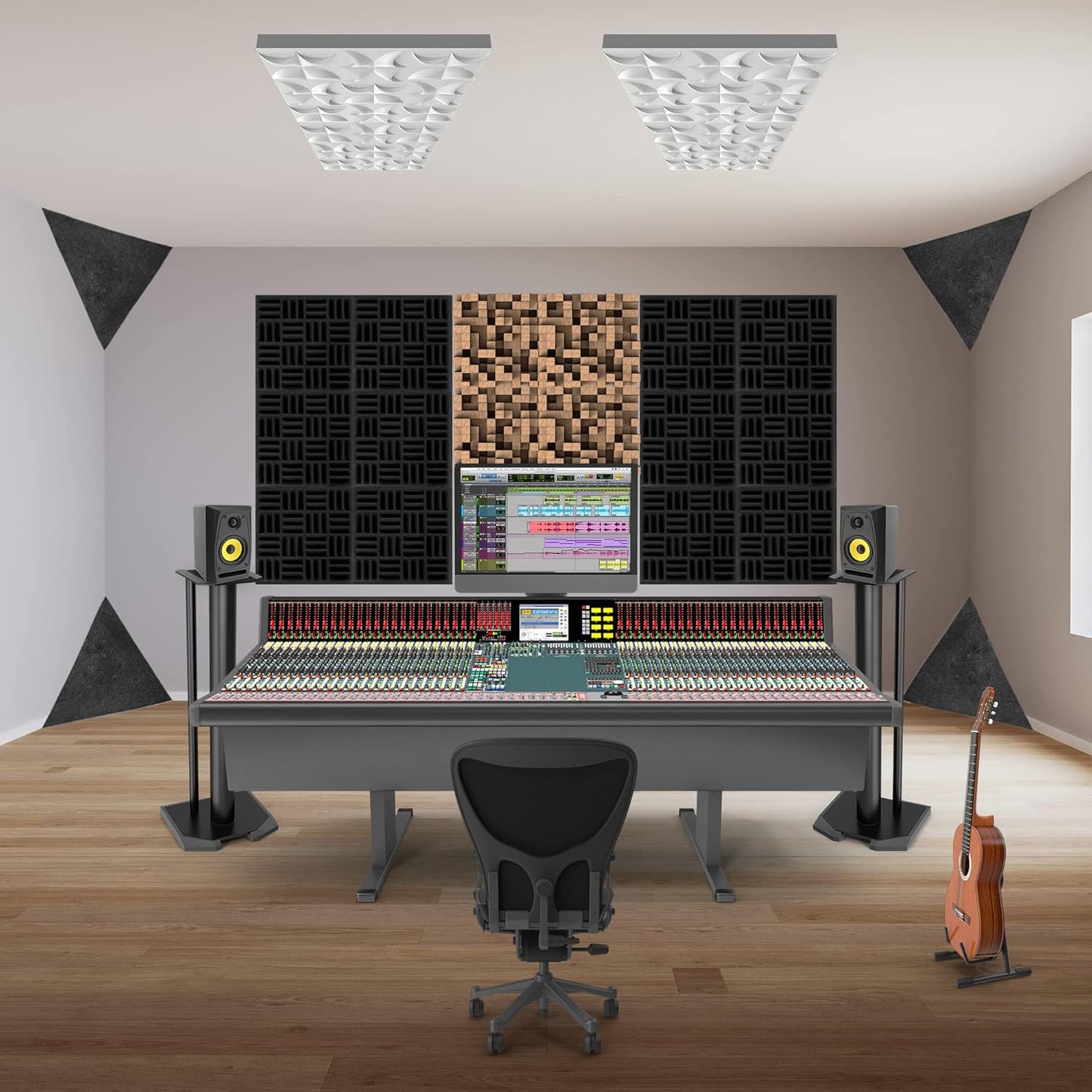 4 Pack Bass Traps for Ceiling Corner 16.5" Triangle 12" Depth Triangular Pyramid Acoustic Foam Bass Trap Sound Proofing for Home Studio Booth Low to High Frequency Sound Absorption Foam