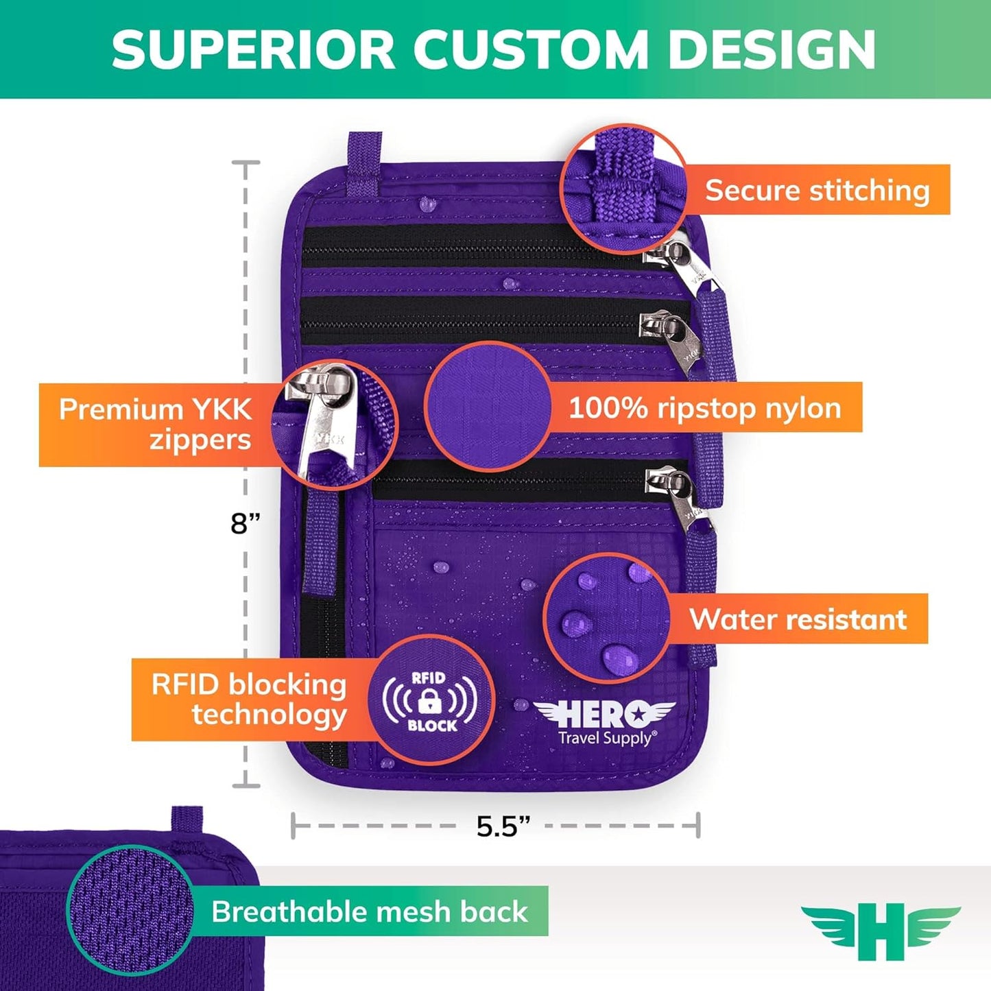 HERO Neck Wallet, RFID Blocking Passport Holder, Easy to Conceal Pouch (Purple)