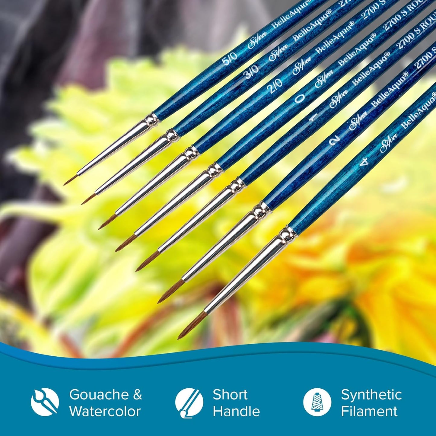 Silver Brush Limited BA-2754S BelleAqua Bright Brushes, 3pc Watercolor Brush Set Also for Acrylic, Gouache, Ink & Dye, Professional Soft Synthetic Red Sable Paintbrushes, Short Handle, Sizes 2, 4 & 6