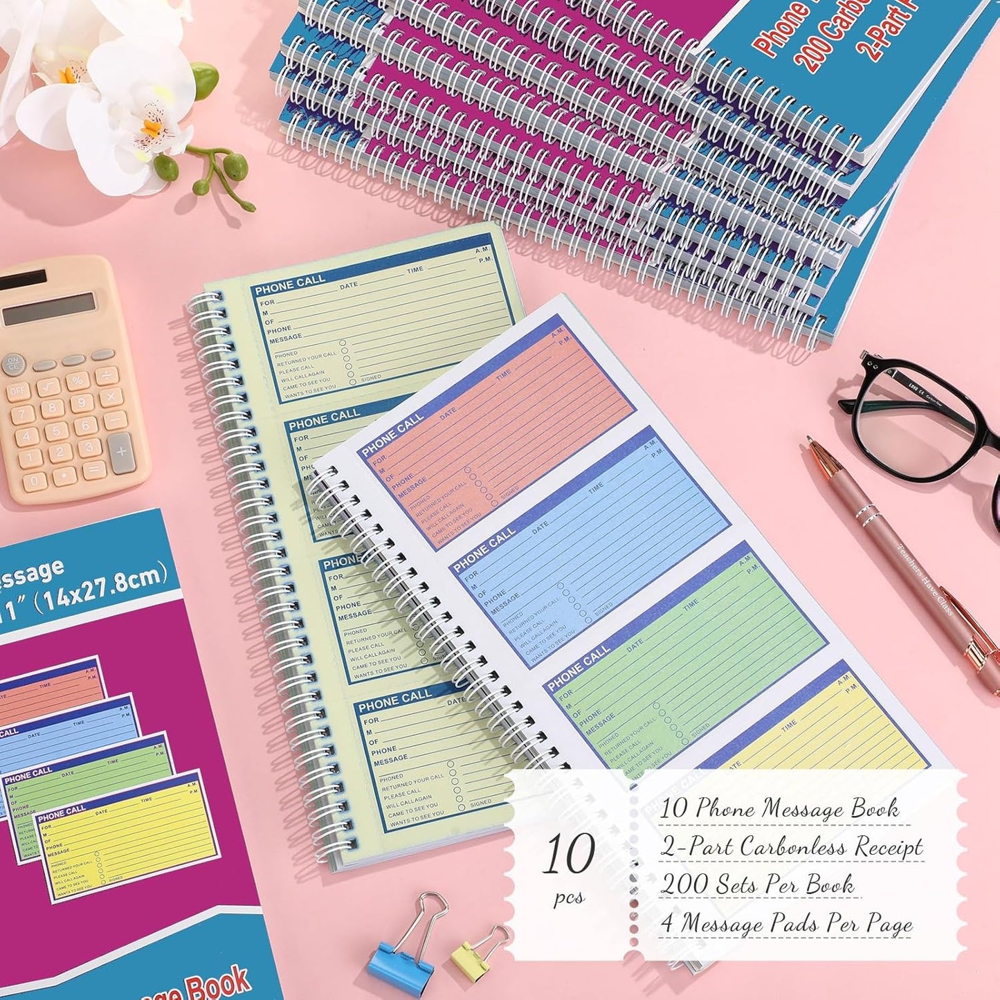 Sinmoe 10pcs Spiral Bound Phone Message Book with Carbon Copy 5-1/2" x 11" 2 Part Colorful Carbonless Telephone Message Pads Duplicate Spiral Phone Call Log Book for Business Office (Rose Red,Blue)