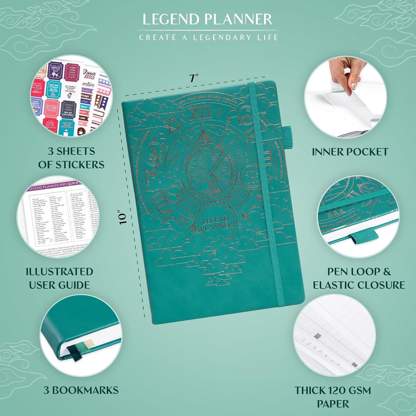 Legend Planner PRO – Deluxe Weekly & Monthly Life Planner to Increase Productivity and Hit Your Goals. Time Management Organizer Notebook – Undated – 7 x 10" Hardcover + Stickers – Viridian Green