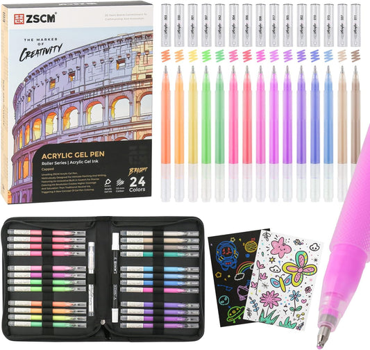 24 Colors 3D Acrylic Gel Pens & Black Paper Sketchbook for Drawing, 1mm Fine Point Acrylic Ink Pen, Opaque Archival Bright Ink Pens for Black Paper Drawing, Sketching, Illustration, Card Making
