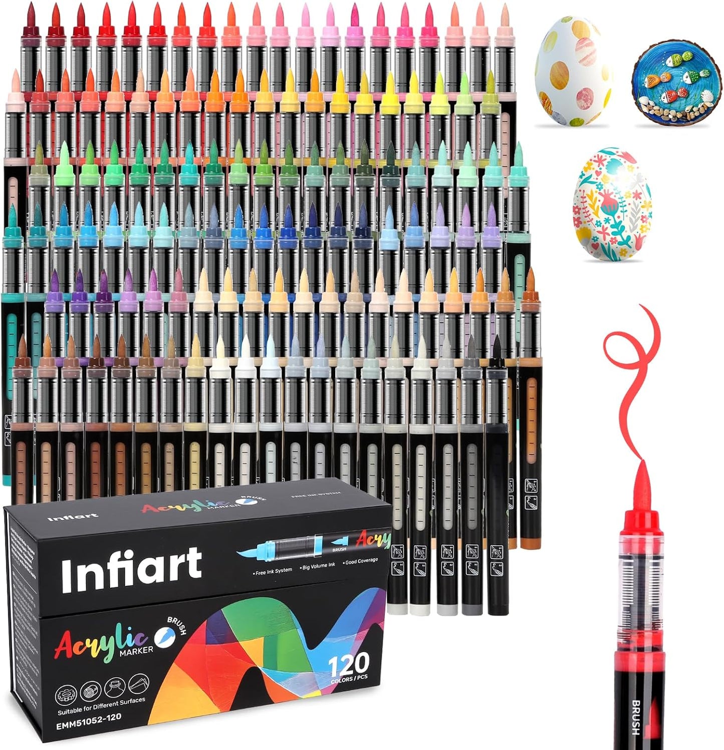 Automatic Ink Control Acrylic Paint Markers Brush Tip 120 Colors Acrylic Paint Pens Water-Based Acrylic Markers Set for Stone, Wood, Rock Painting, Canvas, Glass, DIY & Art Supplies