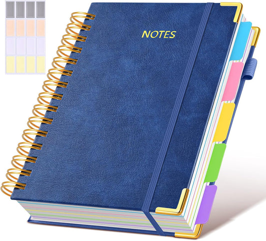 Hardcover Spiral Notebook journal with Removable Dividers Tabs, 300 Pages Leather 5 Subject Notebook College Ruled, 100GMS A5 Notebooks for Work School Note taking,Lined Journal for Women,A5 Navy