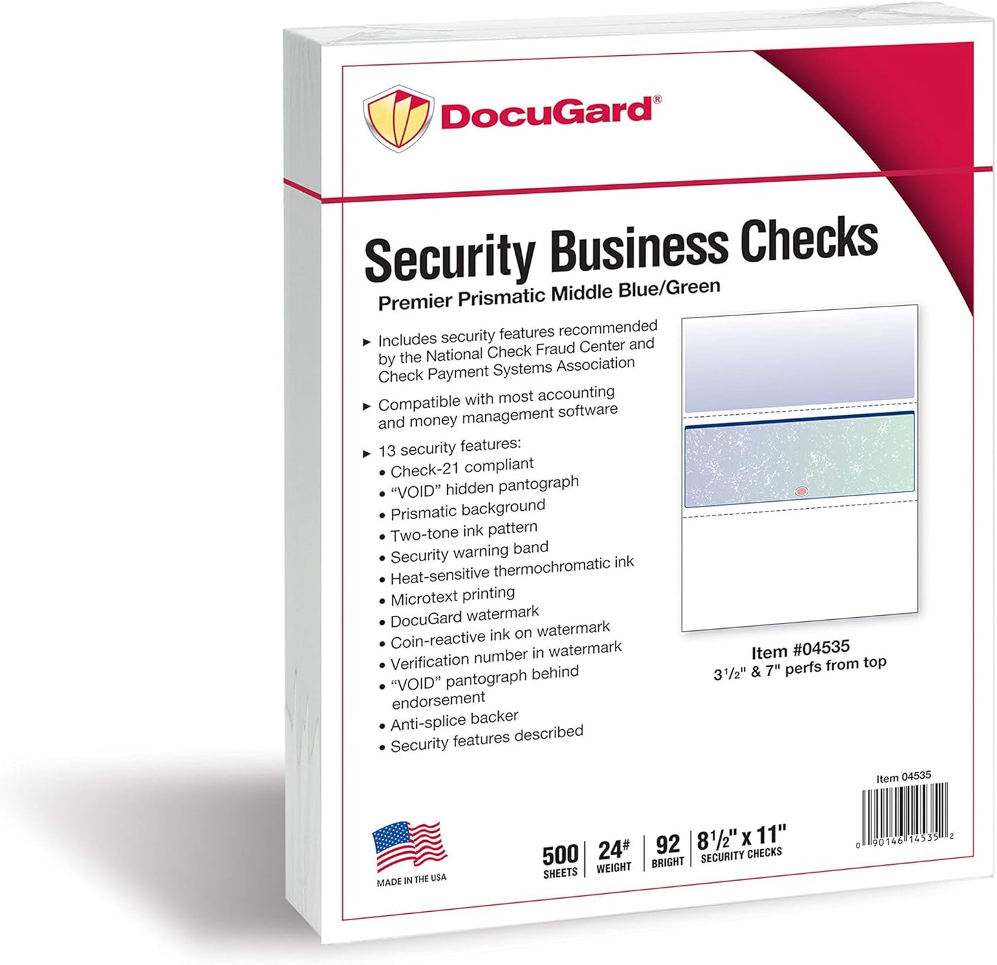 DocuGard Blue/Green Premier Prismatic Middle High Security Check Paper - QuickBooks & Laser/Inkjet Printer Compatible - 13 Security Features - 500 Blank Business Checks (04535)