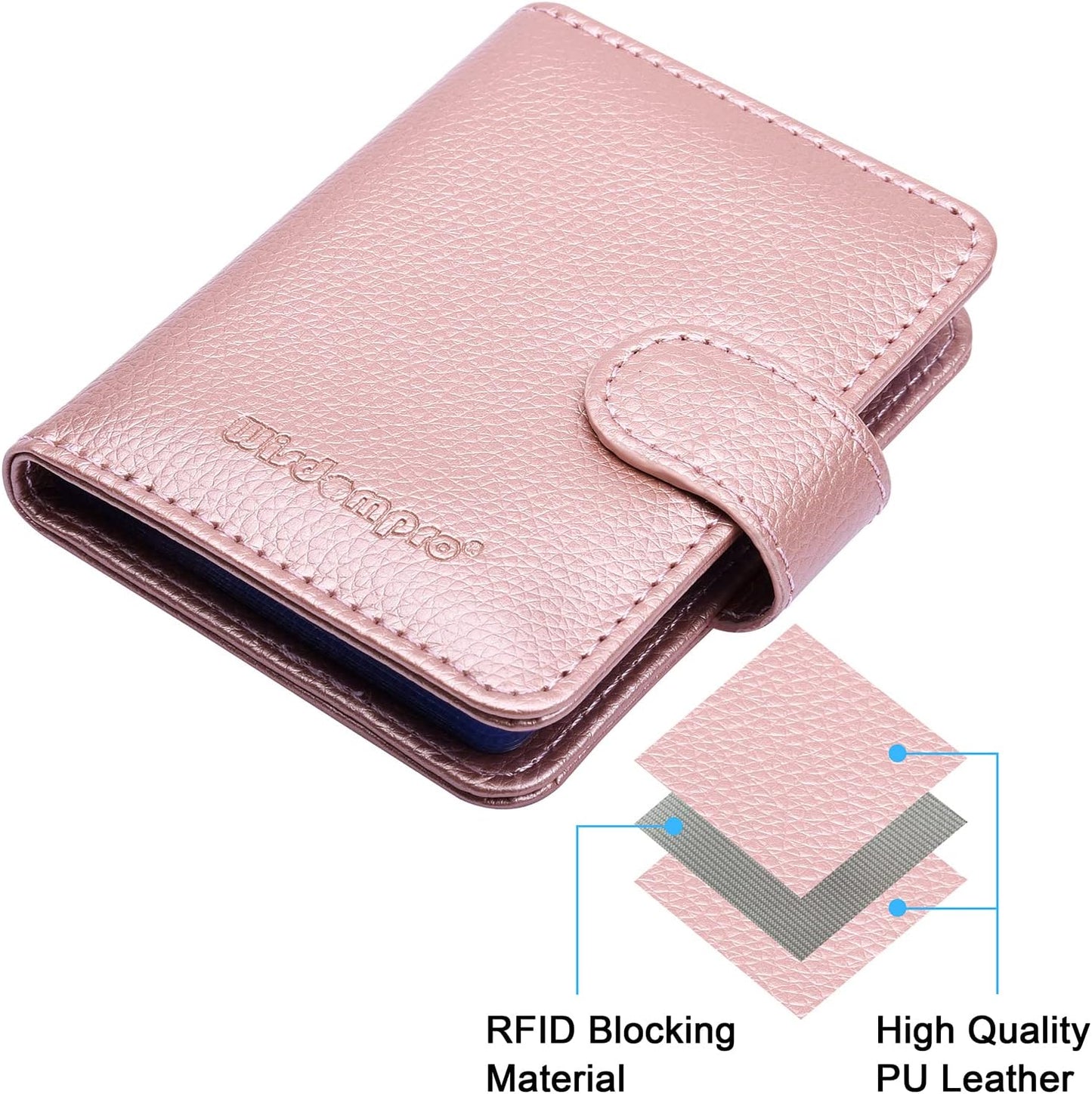 Wisdompro Credit Card Holder, PU Leather Slim RFID Blocking Debit Card Protector Wallet Organizer Case with Magnetic Shut (Build in 20 Card Slot & 7 Small Cells for Memory Cards)-Vertical Rose Gold