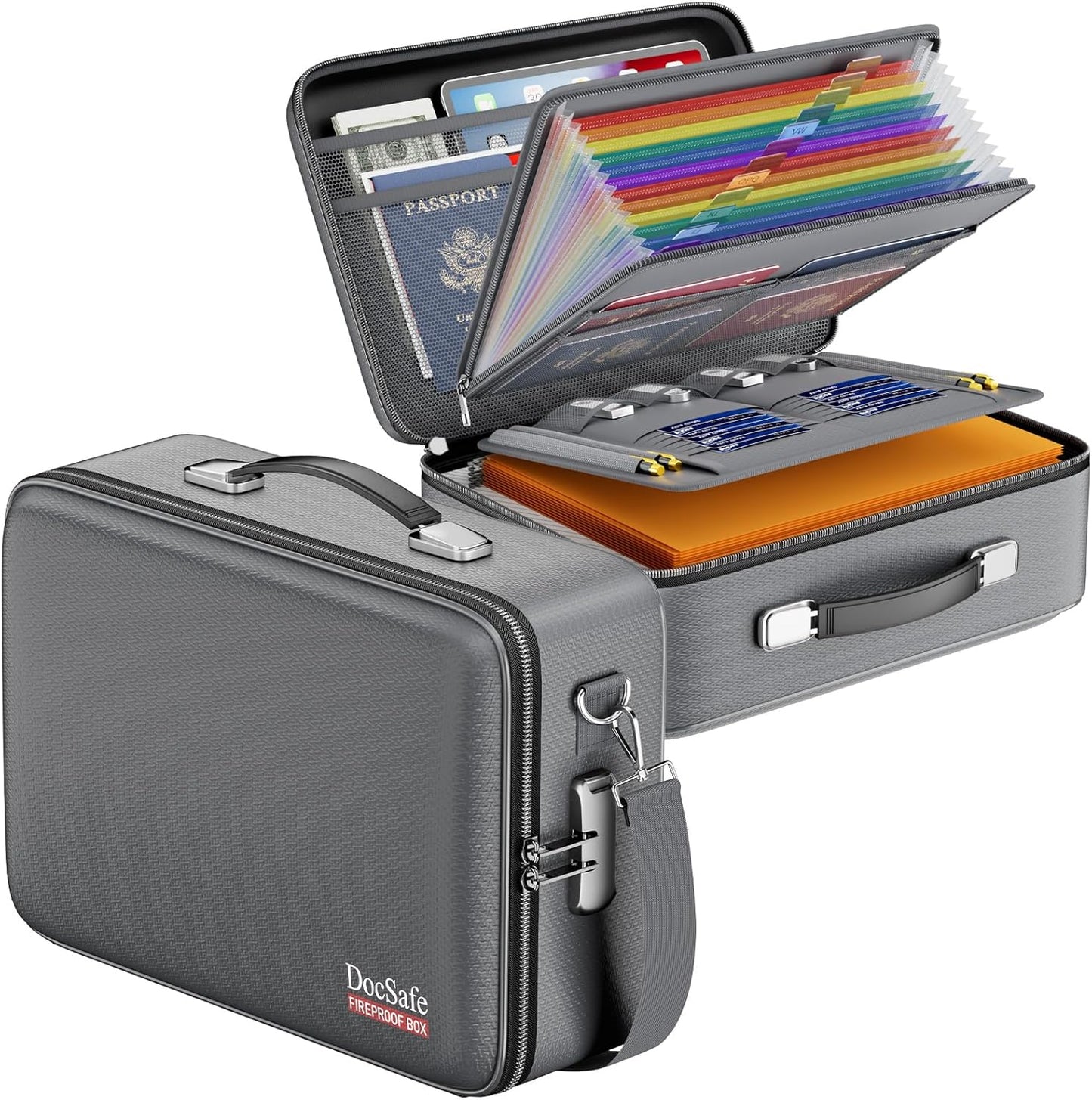 DocSafe Fireproof Document Box with Lock, Hard Case File Organizer with Accordion File Folder, Fireproof Water Resistant Safe Box Home Office Travel Storage for Important Documents Laptop Gray