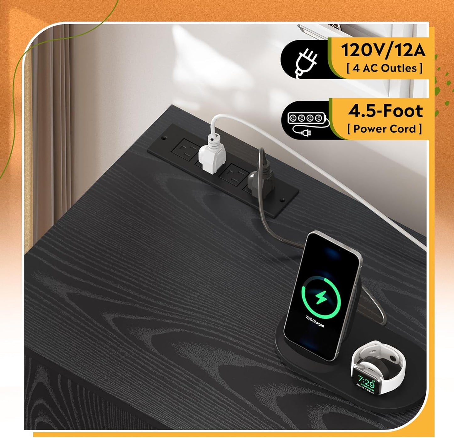 DEVAISE File Cabinet with Charging Station, 1-Drawer Lateral File Cabinets with Lock for Home Office, Wooden Rolling Printer Stand with Shelves, Black