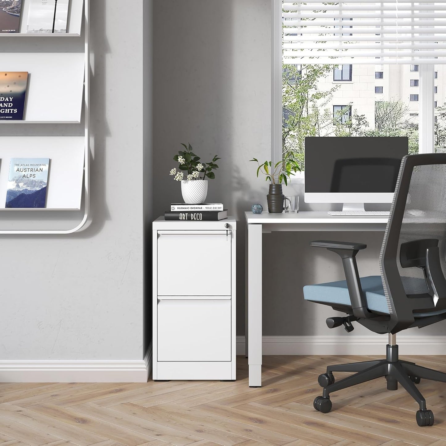 2 Drawer File Cabinet with Lock, Steel Vertical Filing Cabinets for Home Office, Small Metal Storage Cabinet for Hanging Legal/Letter Size Files, Assembly Required (White)