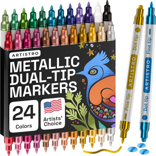 ARTISTRO 24 Metallic Dual-Tip Acrylic Paint Markers for Rock, Canvas, Glass, Wood, & More Fine + Dot Tips