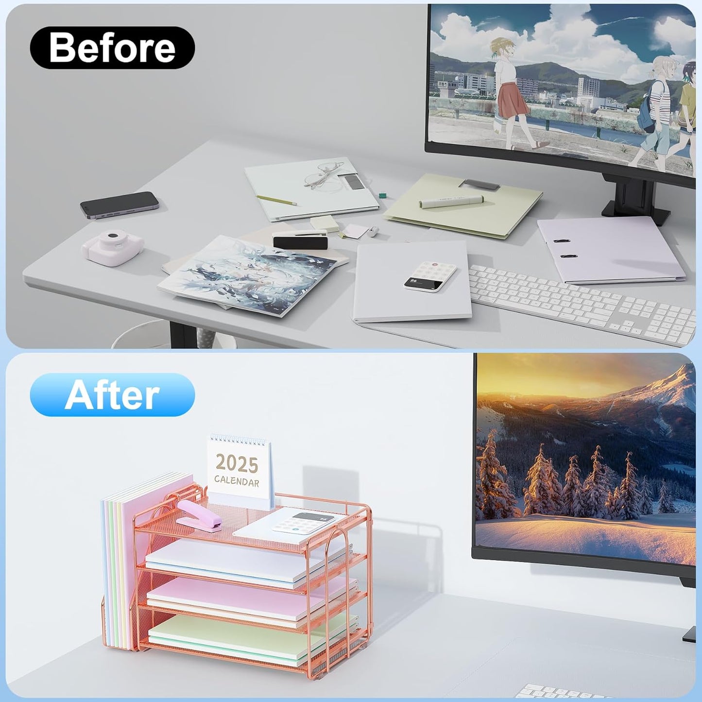 Spacrea Desk Organizers and Accessories, Paper Organizer for Desk with File Organizer, Desk Accessories & Workspace Organizers for Office Supplies (Rose Gold)