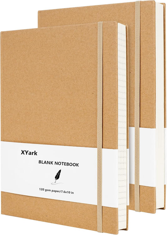 Large B5 Blank Notebook Journals, Plain Kraft Hardcover Sketchbook Subject Composition Notebooks Planner with Unlined Paper, 2 Pack, 120GSM, 102 Sheets, 7.6x10 inch, Travel Journal Set