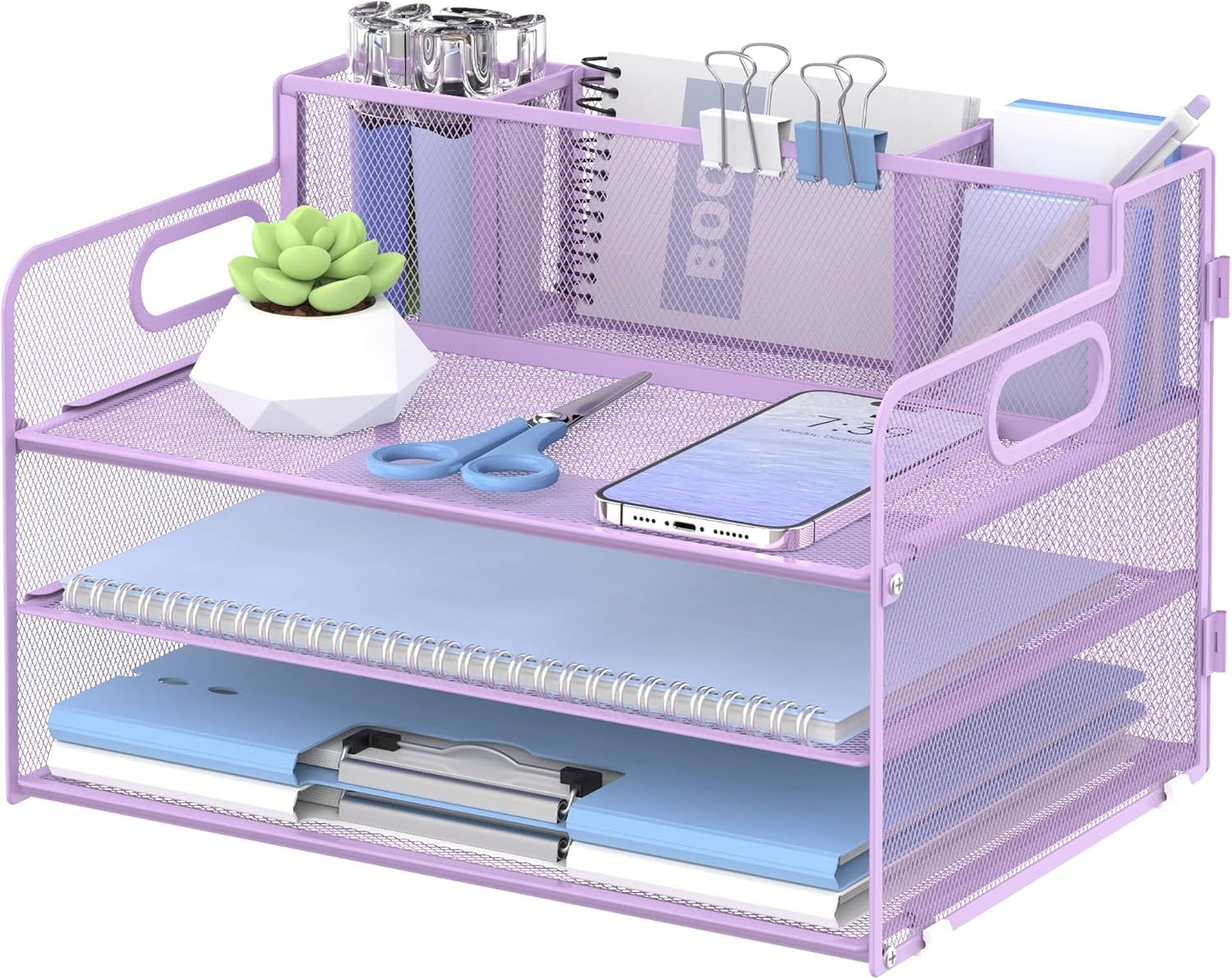 SUPEASY 3 Tier Desk Organizer with Handle & 3 Pen Holders, Mesh Paper/File Organizer for Desk, Paper Letter Tray Organizer for Office Supplies (Light Purple)