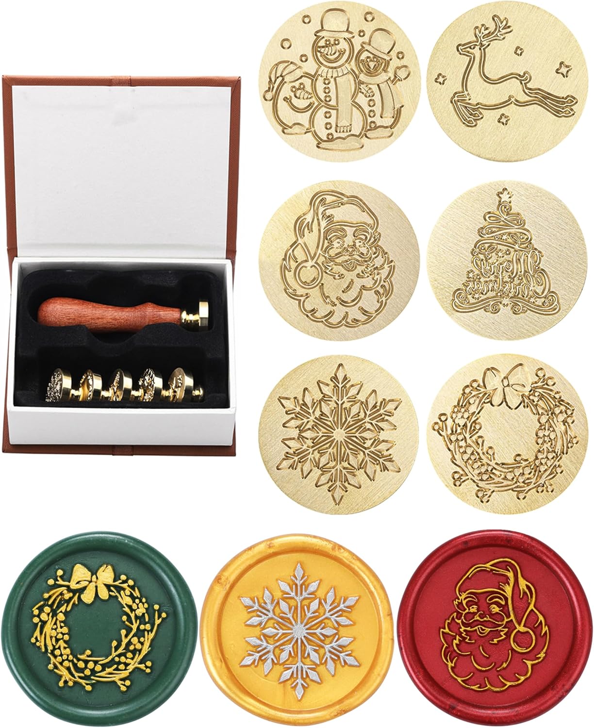 Yoption Christmas Wax Seal Stamp Gift Box Kit, 6pcs Sealing Wax Stamp Heads with 1 Wooden Hilt Set for Party Invitation Card Gift Decoration (Merry Christmas Series)