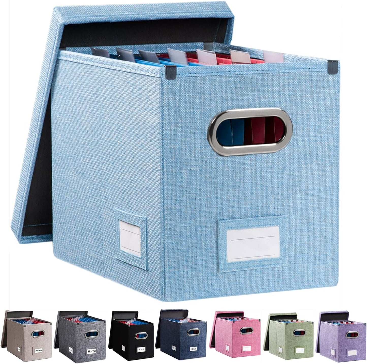 PRANDOM File Organizer Box - Set of 1 Collapsible Decorative Linen Filing Storage Hanging File Folders with Lids Office Cabinet Letter Size Blue (14x9.3x10.8 inch)