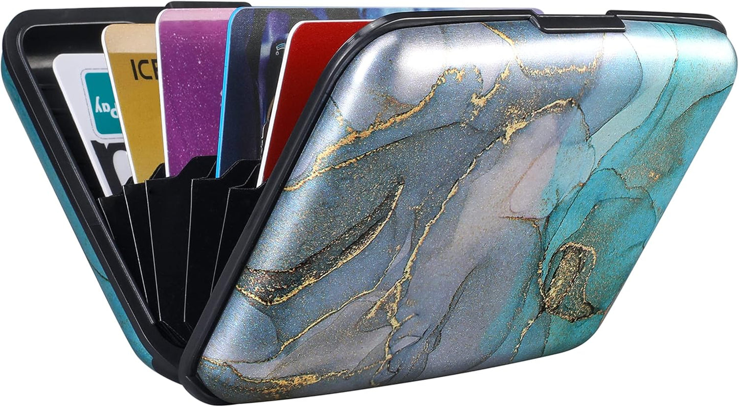ELFISH Mini RFID Aluminum Wallet Credit Cards Holder Business Card Case Metal ID Case for Men Women（Blue Purple Marble