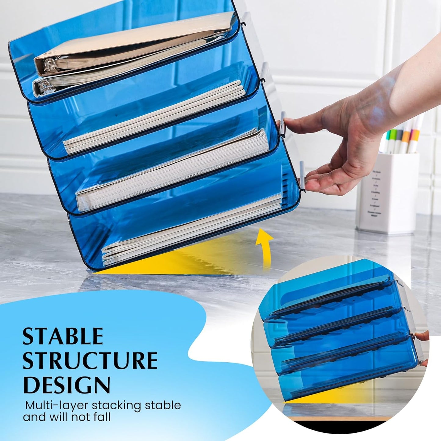 2 Pack Stackable Paper Tray File Organizer for Desk, Office Organizer and Storage for Desk Accessories, Notes, Books, File Paper, Document, Blue