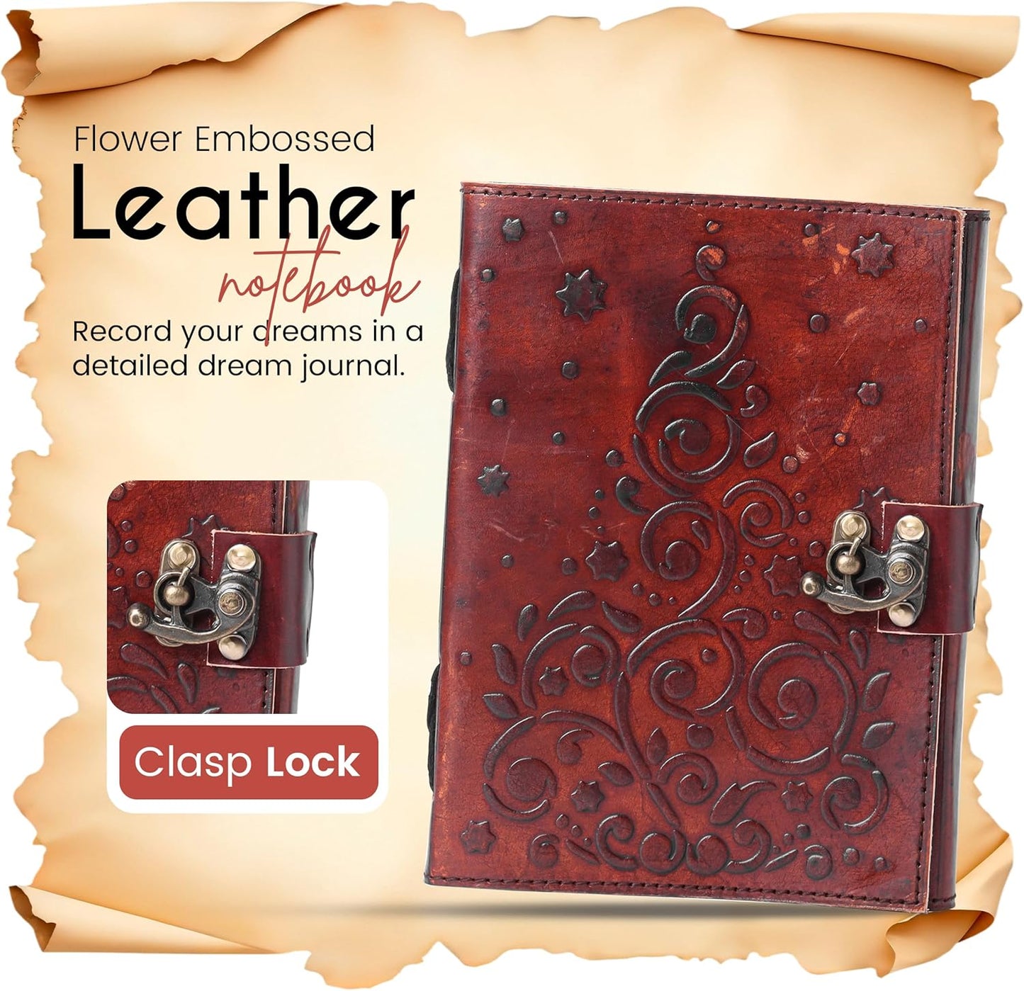 Vintage Brown Flower Embossed Leather Journal with Antique Clasp Lock – 200 White Page Deckle Edge Leather Bound Notebook – Notebook Journal for Writing, Drawing, Home, Office, Travelling