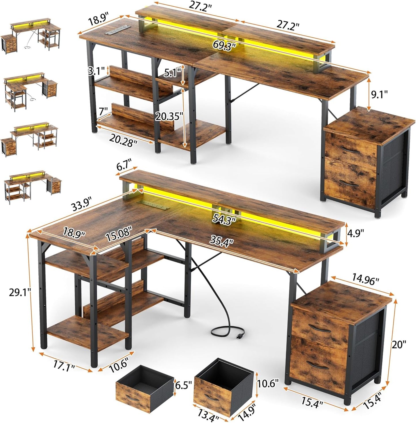 YOUNGAR 69.3" Home Office Desk with Storage, Reversible L Shaped Computer Desks, Corner Gaming Office Desk with 2 File Drawers&Power Outlet, Vintage