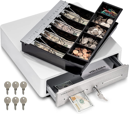 Volcora 14" Electronic Cash Register Drawer for Point of Sale (POS) System with Round Corners, Stainless Steel Front Panel - Fully Removable 2-Tier 4 Bill 5 Coin Cash Tray, 24V, RJ11/RJ12