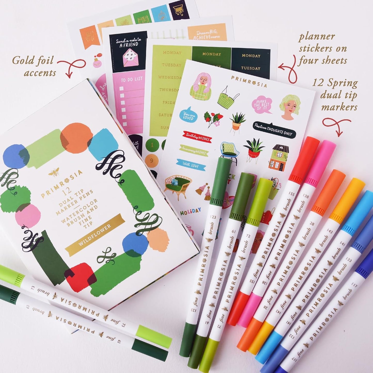 Primrosia 12 Dual Tip Watercolor Marker Pens - Fine Tip & Brush Tips, Professional Quality, 4 x Sticker Sheets, Blendable, Non-Toxic, Perfect for Calligraphy, Drawing & Coloring. (Wildflower)