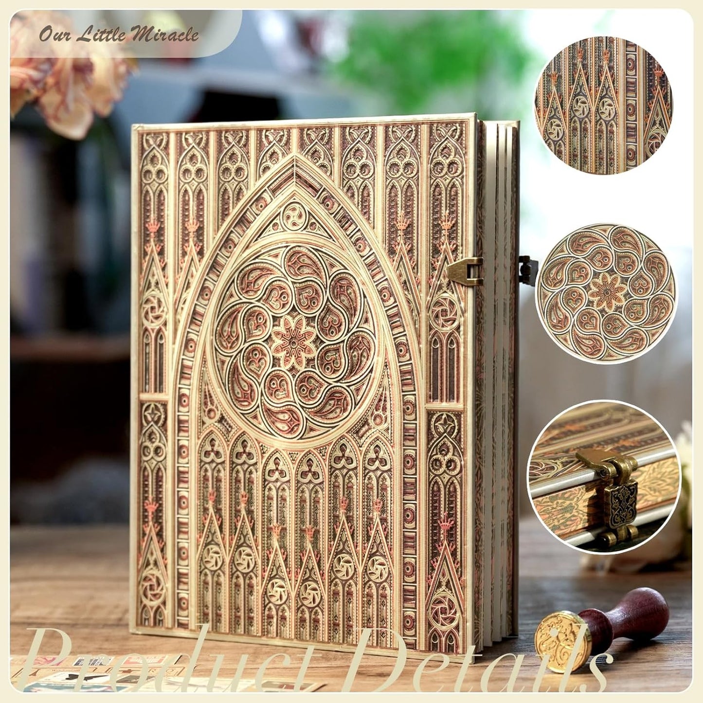 Retro 3D Gothic Vault Hot Stamp Hardcover Journal – 192 Blank Lined Pages w/Envelope Pocket – Luxury Notebook, Travel Diary & Wedding Anniversary