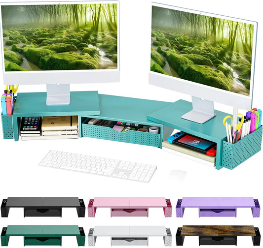 Spacrea Metal Desk Organizers and Accessories, Dual Monitor Stand Riser with Drawer and 2 Pen Holders, Desk Accessories & Workspace Desktop Organizers for Office Supplies (Blue)