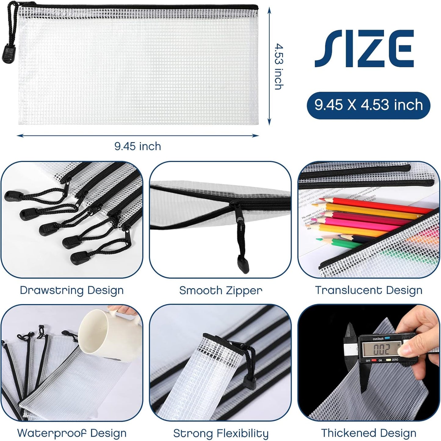 Zhehao 200 Pieces A6 Mesh Zipper Pouch Bulk Mesh Bags with Zipper Waterproof Small Pencil Pouches for School Office Supplies Organization 9.4 x 4.5 Inches(Black and White)