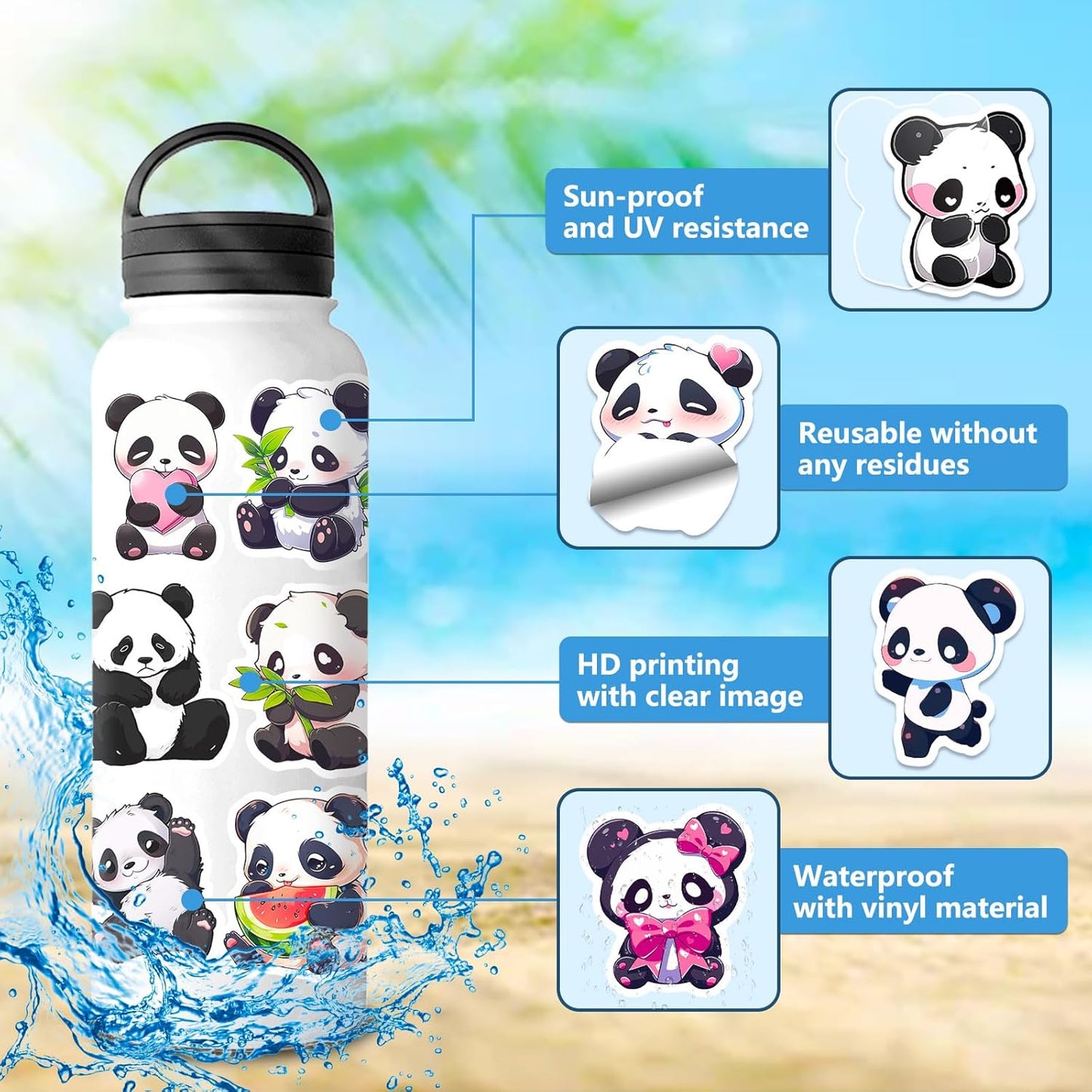 100PCS Panda Stickers,Water Bottle Stickers,Cute Stickers, Stickers for Kids, Stickers for Kids Classroom,for Luggage, Teaching Rewards，Skateboard，Laptop Sticker (Pandas)