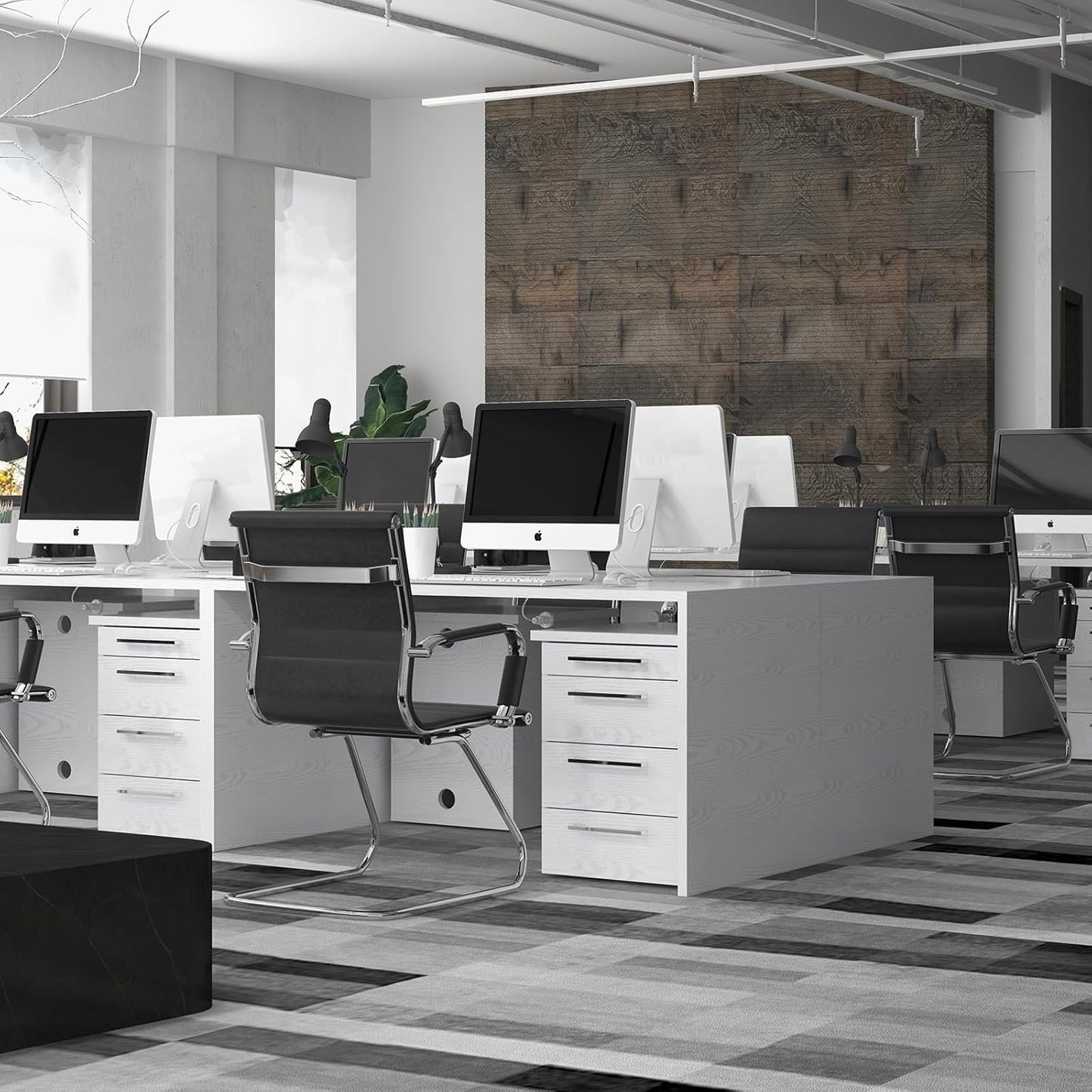 Black Office Desk Chair No Wheels Set of 4 PU Leather Computer Chairs Mid Back Guest Chairs for School Reception Conference Waiting Room, Black